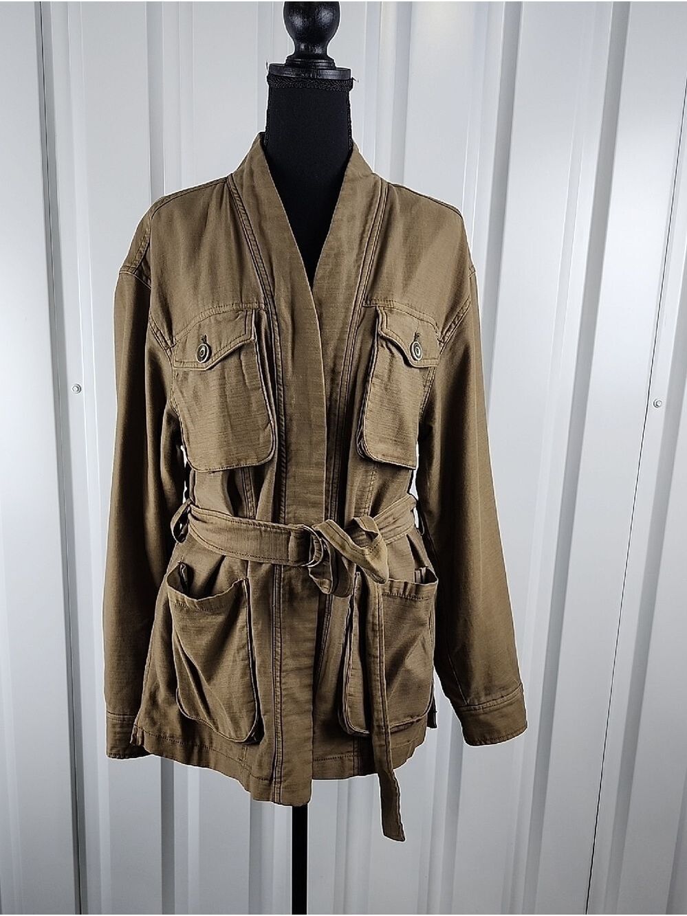 Free People In Our Nature Olive Green Belted Jacket Size Small Military Inspired